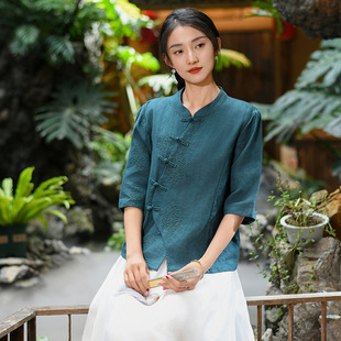 新中式女装2024春季新款亚麻衬衫女中国风盘扣棉麻上衣复古衬衣