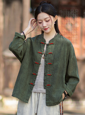 26新款原创棉麻女装复古国风盘扣撞色缠线上衣开衫女禅意棉麻外套