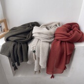 装 木珠挂坠纯色围巾女文艺复古百搭披肩薄款 饰领巾围脖 新款 春秋季