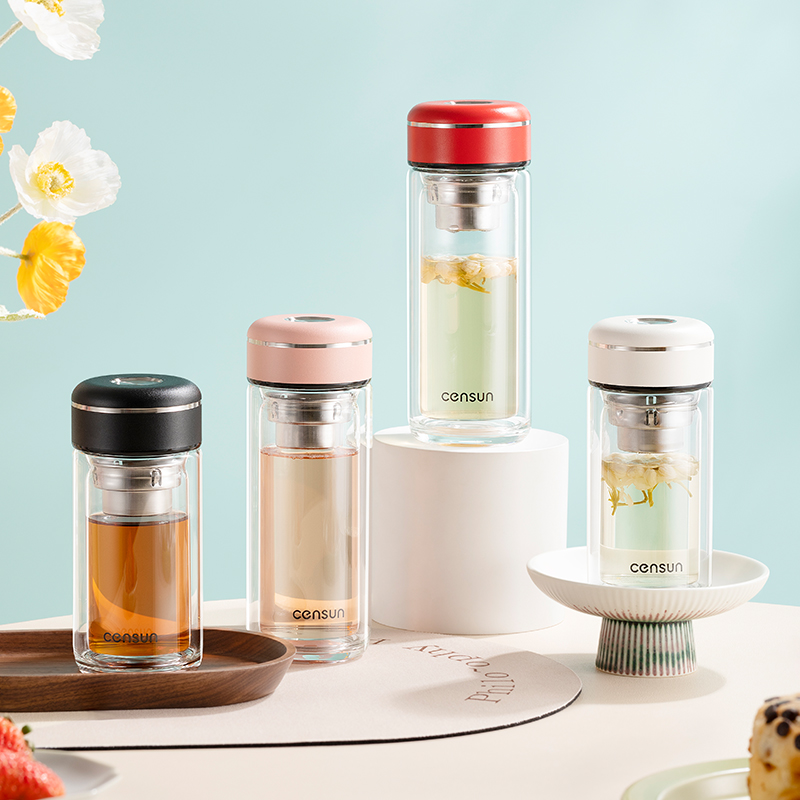 先行双层高硼硅玻璃杯带茶漏茶杯