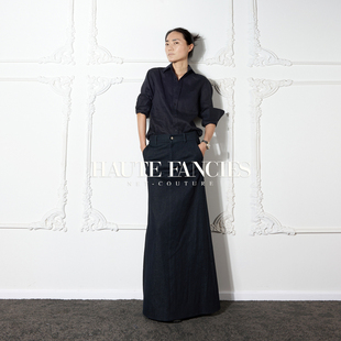 HAUTE 优雅 FANCIES后构想｜藏青色高弹斜纹棉A摆长半裙25新夏
