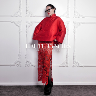 HAUTE FANCIES后构想｜喜悦正红复古浮雕蕾丝H廓形高衩包臀半裙