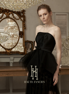 女明星 HAUTE FANCIES后构想|黑色丝毛混纺精工立裁薄纱露肩上衣