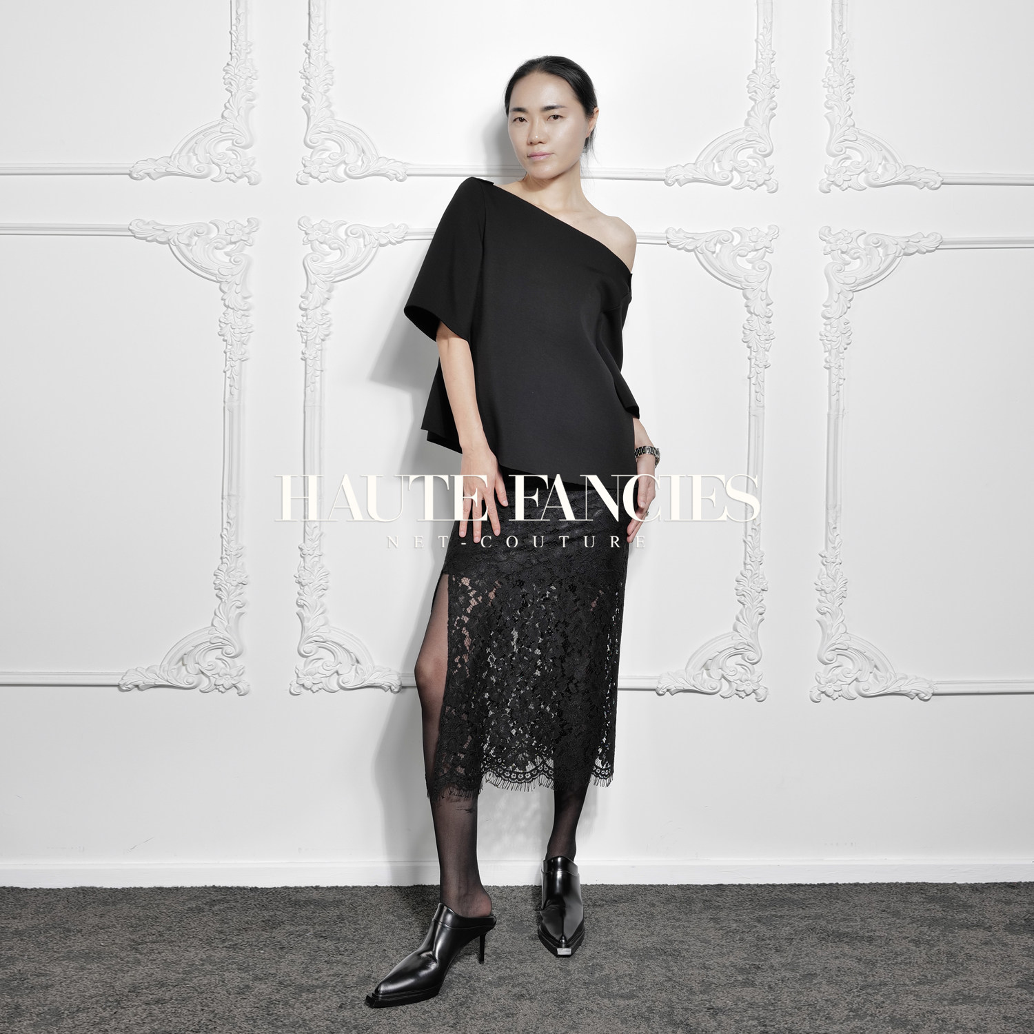 【HAUTE FANCIES后构想】高弹空气层一字肩蝴蝶结黑色中袖上衣