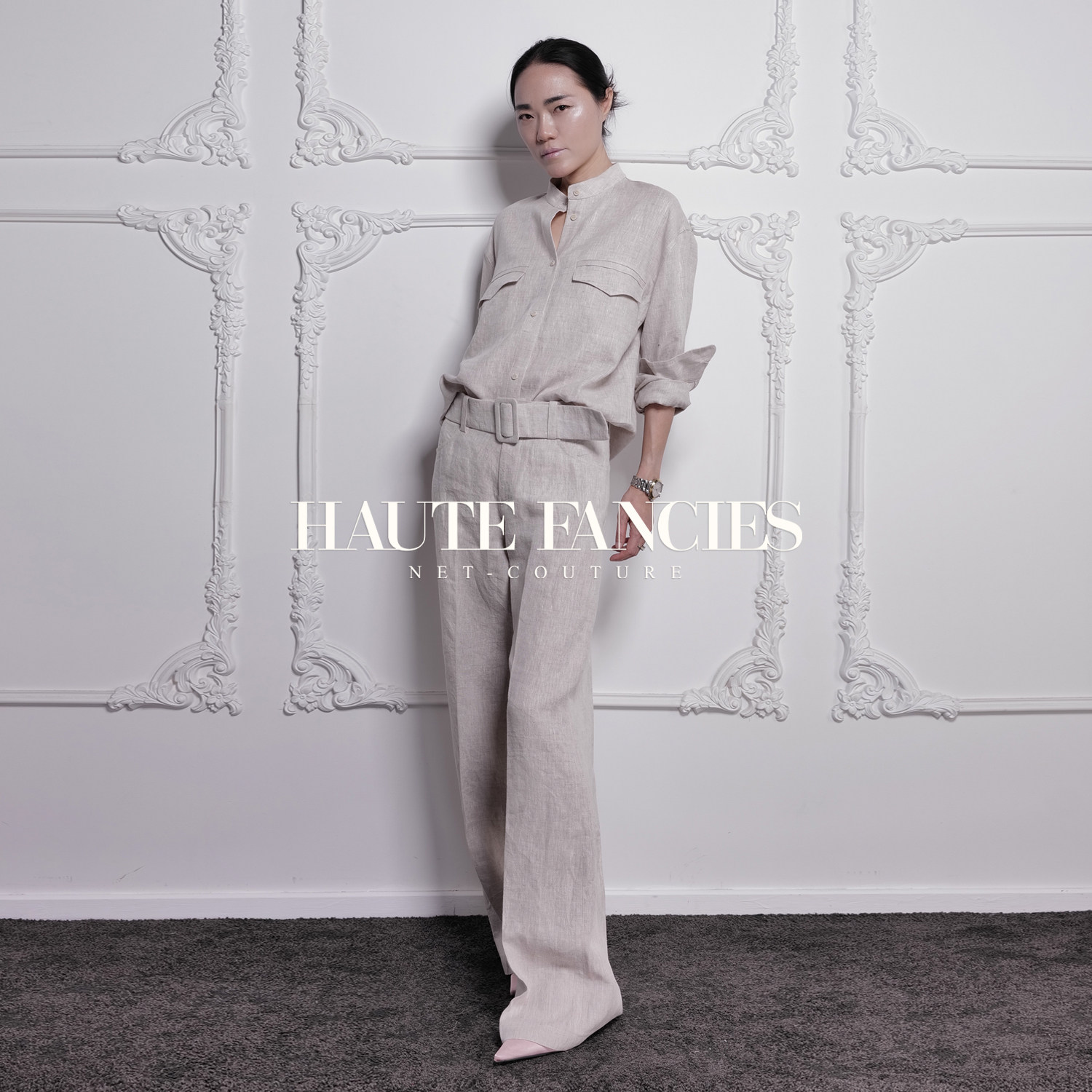【HAUTE FANCIES后构想】经典春夏宽腰带杏色高品亚麻阔腿裤女