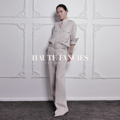 【HAUTE FANCIES后构想】经典春夏宽腰带杏色高品亚麻阔腿裤女