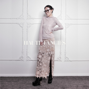 浅紫HAUTE FANCIES后构想｜粉色不对称领长袖收腰针织套头打底衫