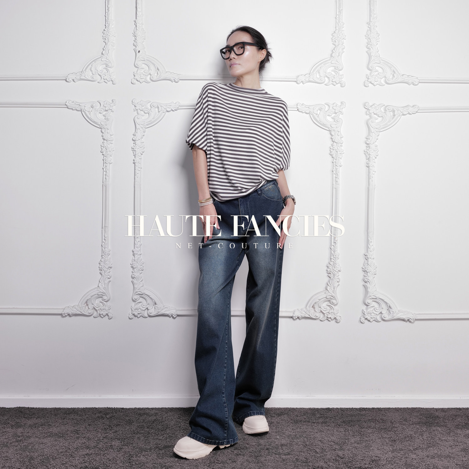 HAUTE FANCIES后构想｜灰白条纹中袖慵懒松弛风宽松蝙蝠衫
