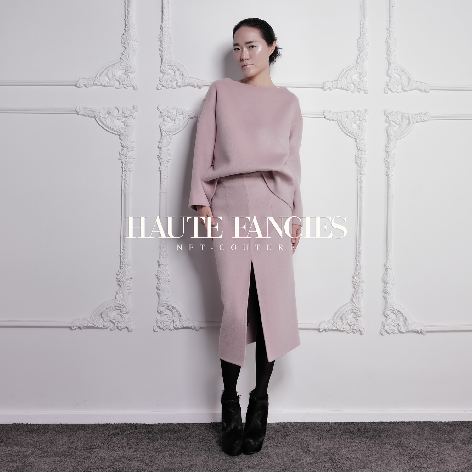 HAUTE FANCIES后构想 | 优雅粉色双面呢无缝式手工挑缝开衩半身裙