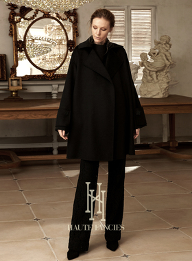纯手工 HAUTE FANCIES后构想|黑色双面呢羊毛系带中长大衣女秋冬