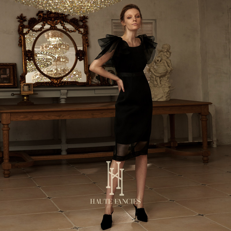 蝴蝶袖 HAUTE FANCIES后构想｜黑色法式立裁优雅高腰修身连衣裙秋