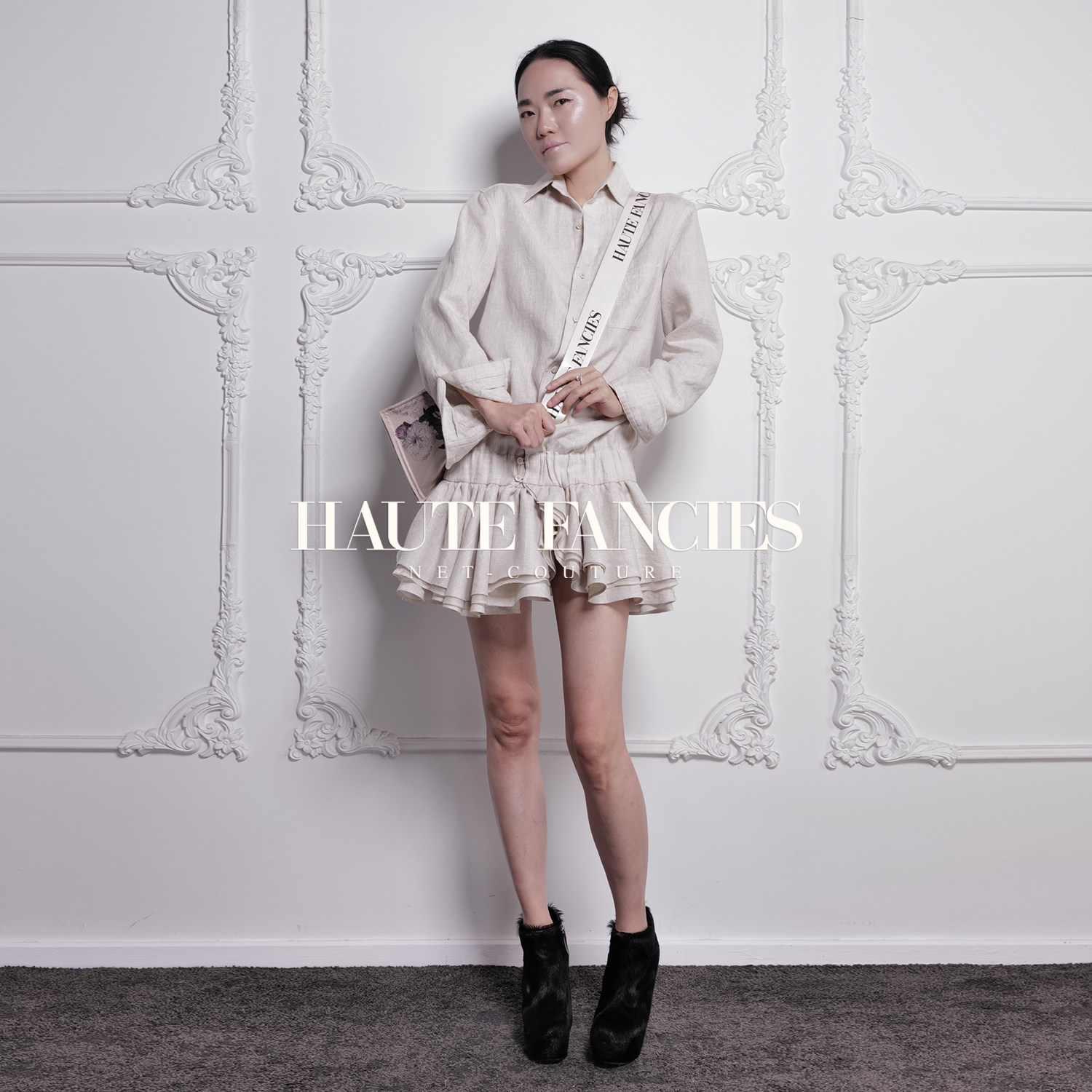 【HAUTE FANCIES后构想】杏色高品亚麻衬衣式连衣裙荷叶摆短裙