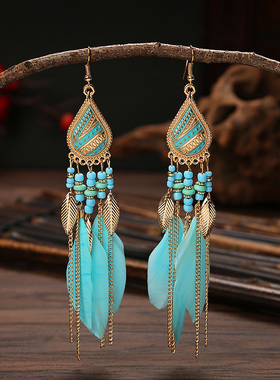 创意波西米亚风羽毛米珠长款耳环女蓝色复古民族云南风情新款耳坠