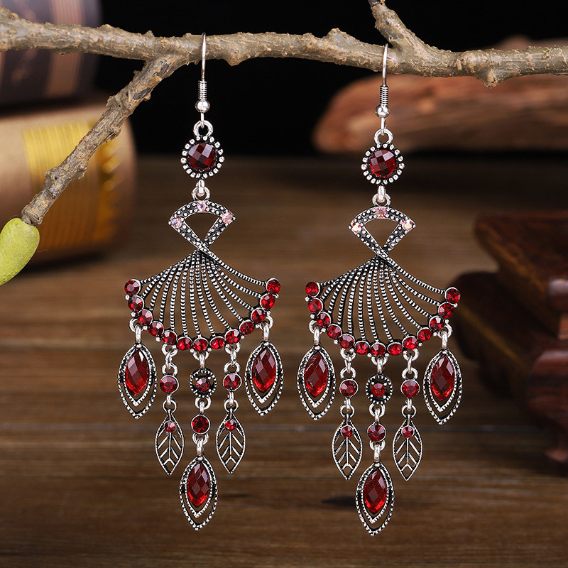 个性中国风扇形镶钻长款耳坠女波西米亚气质高级感银勾显瘦脸耳环