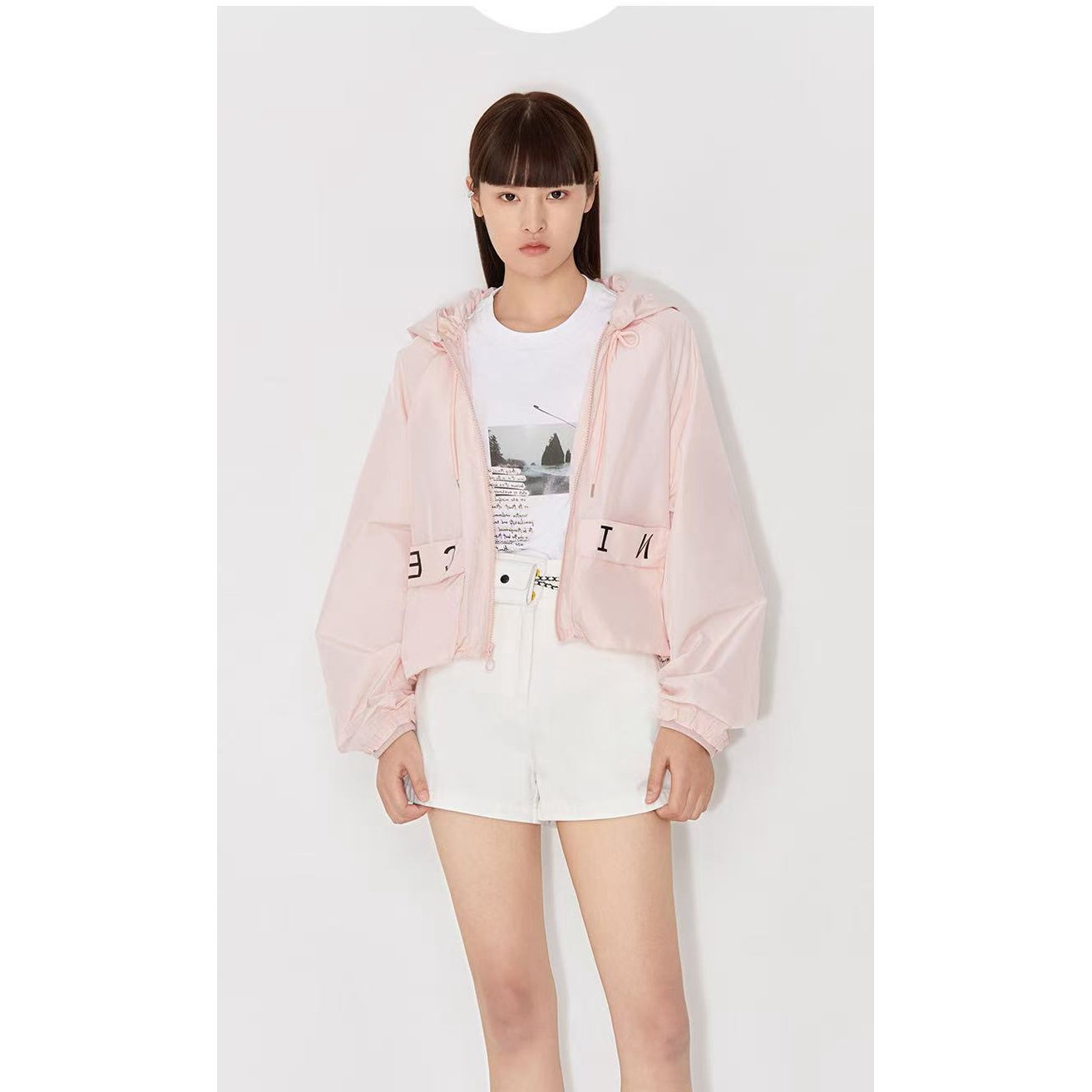 美依品牌尾货欧家防晒字母宽松连帽外套女夹克