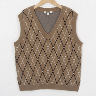 M系列品牌尾货女春季 复古学院风菱形格针织叠穿背心马夹 V领法式