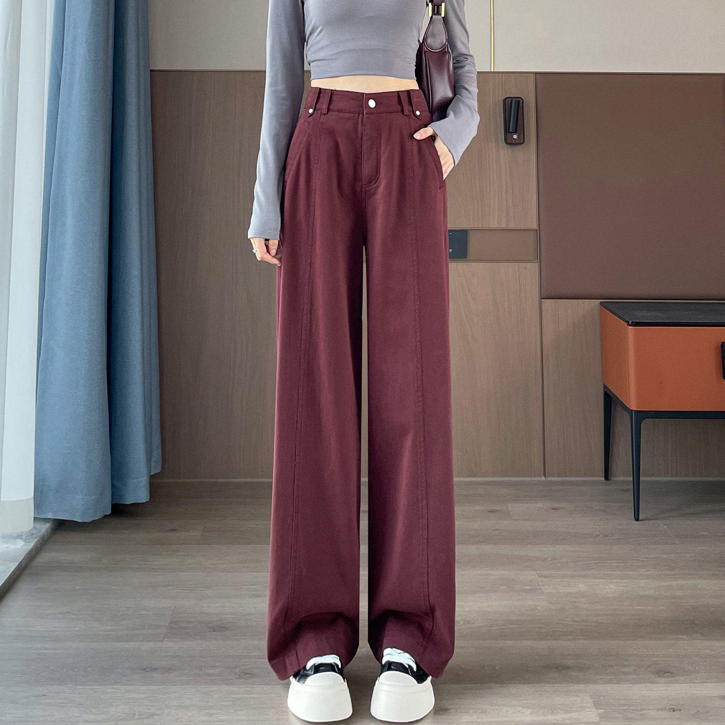 酒红色莱赛尔窄版阔腿牛仔裤女学生秋季新款宽松中缝拖地直筒裤子