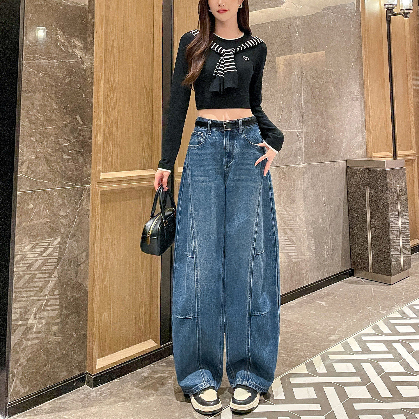 弯刀牛仔裤女学生秋季新款高腰宽松百搭显瘦阔腿裤胯大腿粗香蕉裤