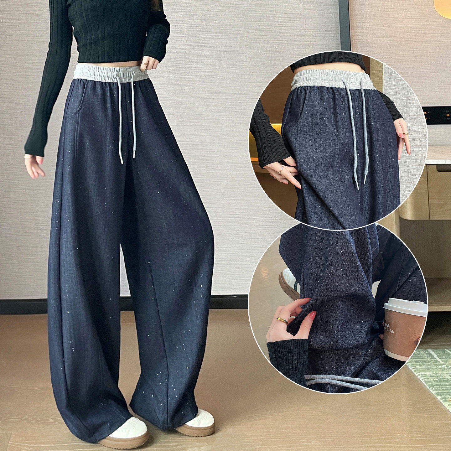 撒银牛仔阔腿弯刀裤女学生秋季新款百搭宽松小个子垂感休闲香蕉裤