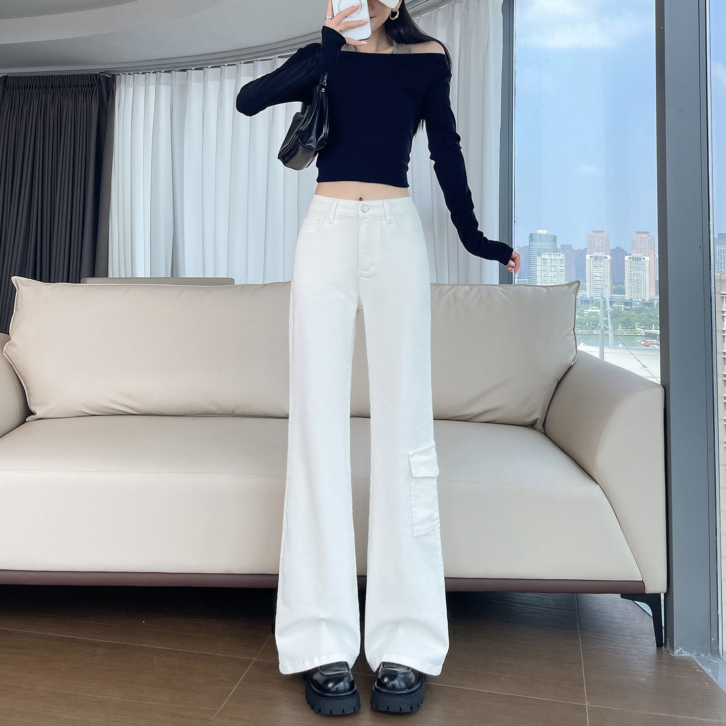 工装微喇牛仔裤学生秋季新款高腰显瘦百搭休闲美式复古马蹄喇叭裤