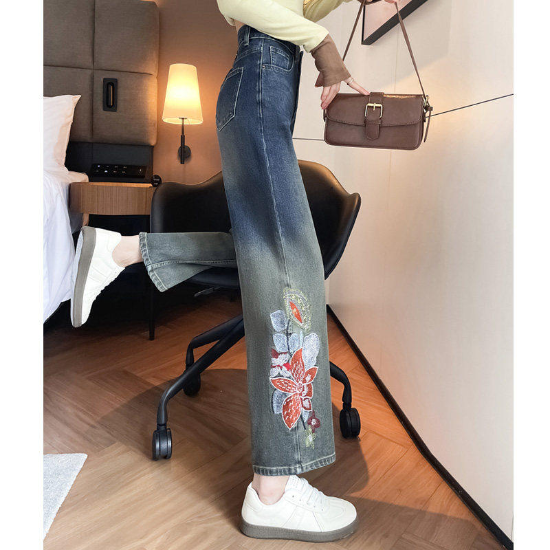 刺绣直筒牛仔裤女学生春秋新款高腰国风小个子九分阔腿窄版烟管裤