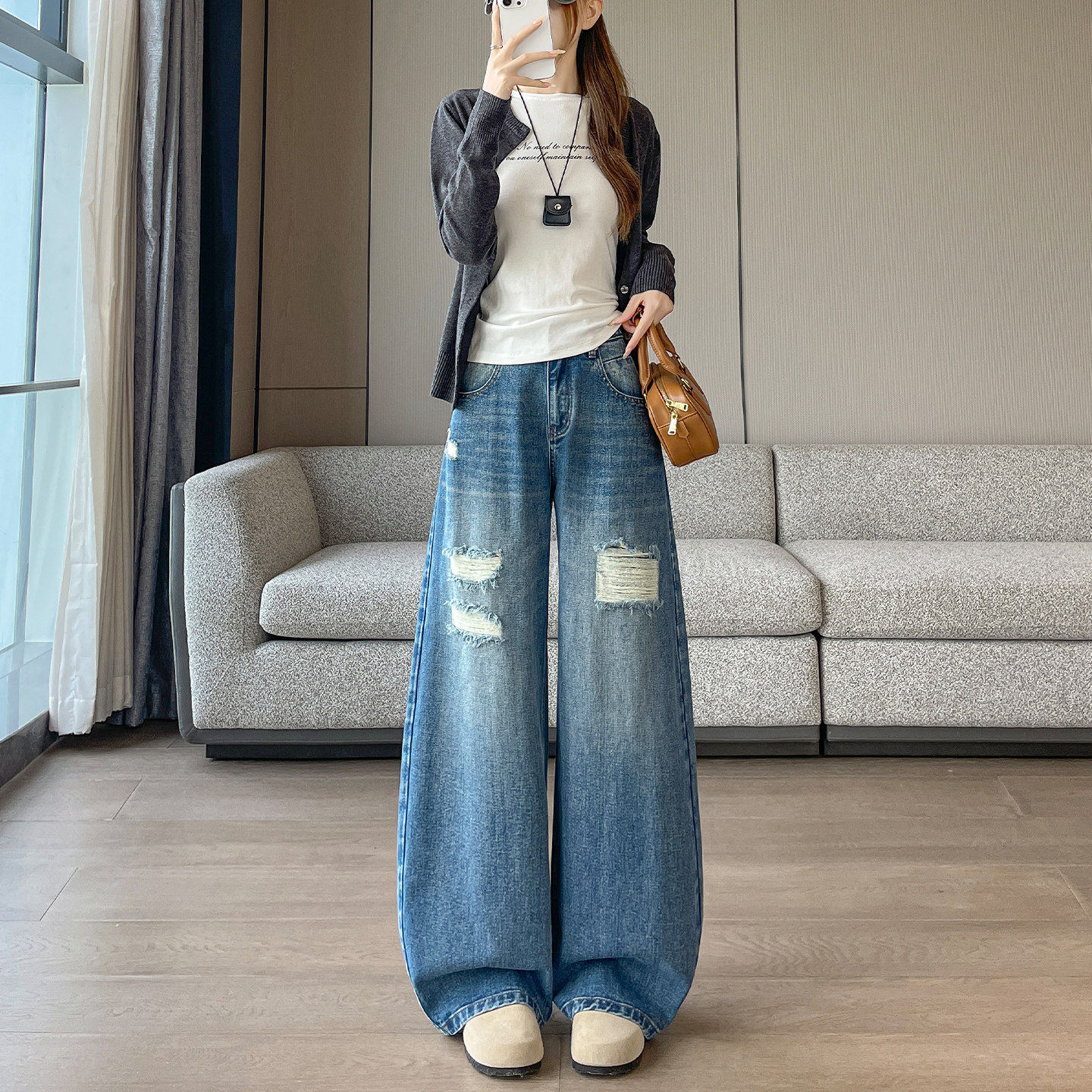 破洞阔腿牛仔裤女学生春秋新款复古宽松梨型身材百搭显瘦拖地裤子