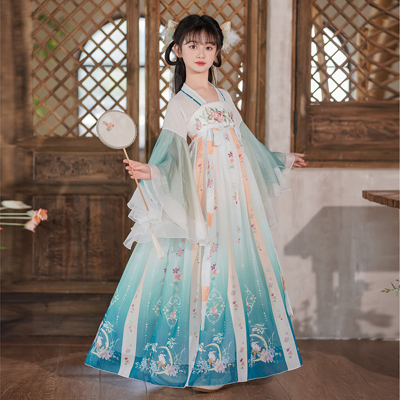 汉服女童夏季长袖连衣裙超仙古风儿童古装中国风唐装古筝演出服夏