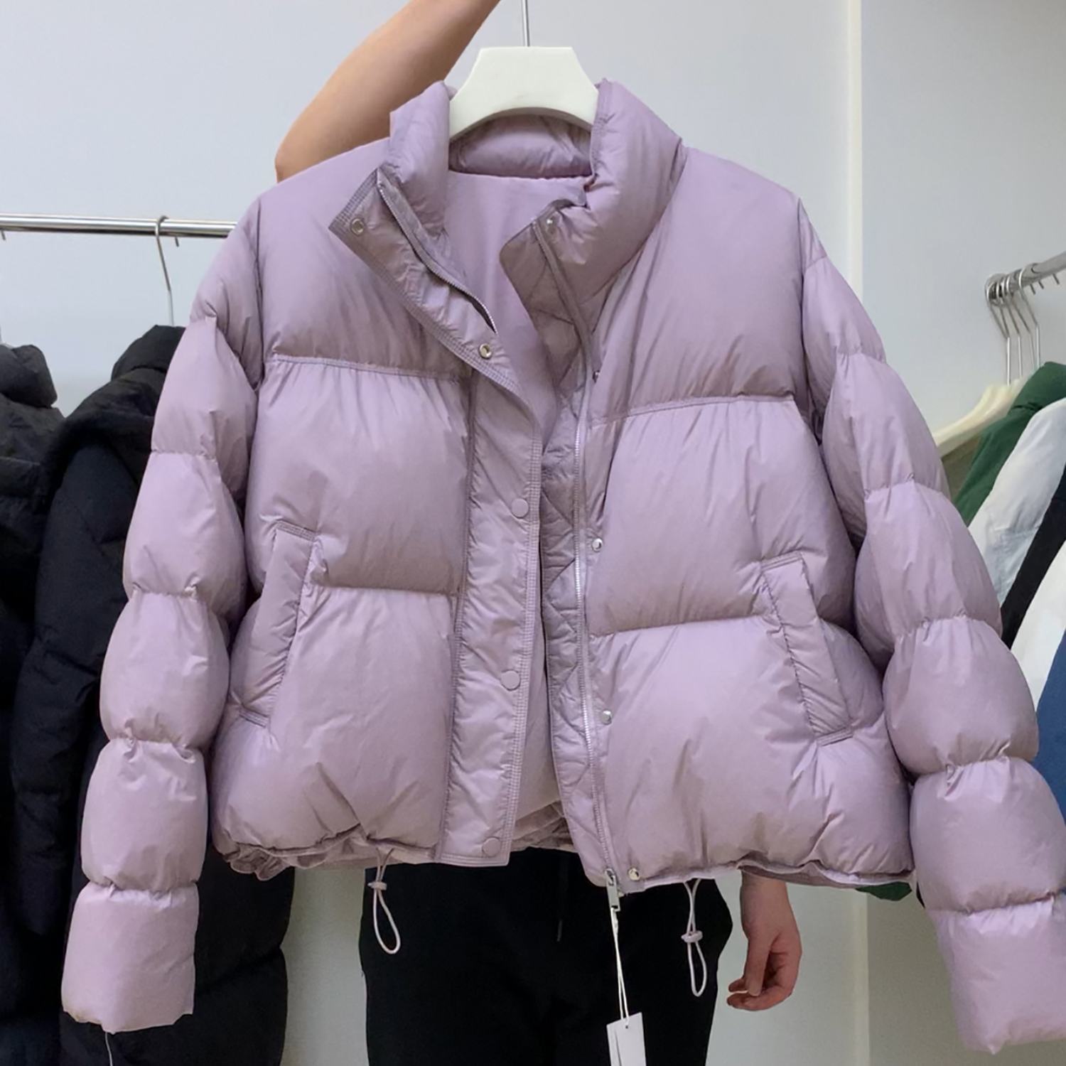 90白鸭绒香芋紫羽绒服女短款2024新款立领加厚欧洲站面包服韩货