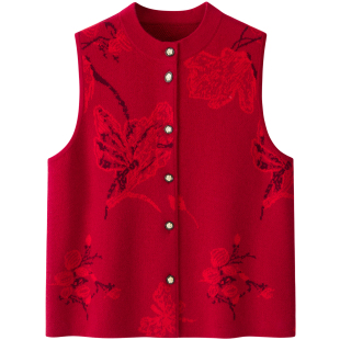 100纯山羊绒开衫背心女 新中式国风 中老年加厚针织马甲 坎肩毛衣