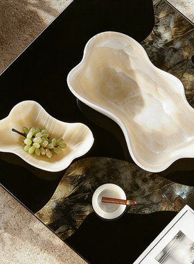 侘寂风中古高脚果盘洞石摆件新中式家居样板房桌面收纳软装饰品