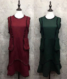 孤品代工厂样版衣外贸原单尾货复古女装女士毛须边秋冬款连衣裙