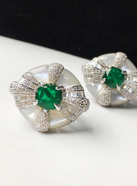 天然白母贝绿色锆石耳环925通体纯银耳饰简约大方款修饰脸型欧美