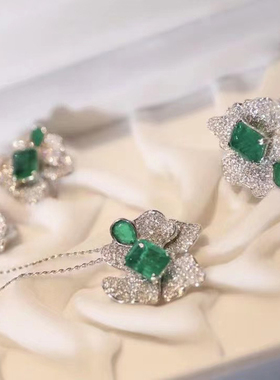 925纯银锆石仿祖母绿套装女神款