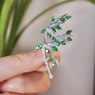 翠竹胸针天然高品质竹子中国风复古旗袍别针925纯银精镶锆石镂空