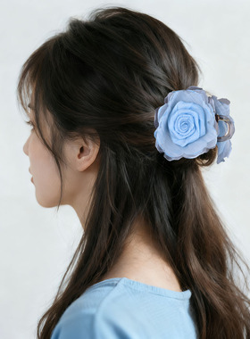 蓝色干枯玫瑰花发夹发量少后脑勺盘发头饰鲨鱼夹半扎抓夹2025新款