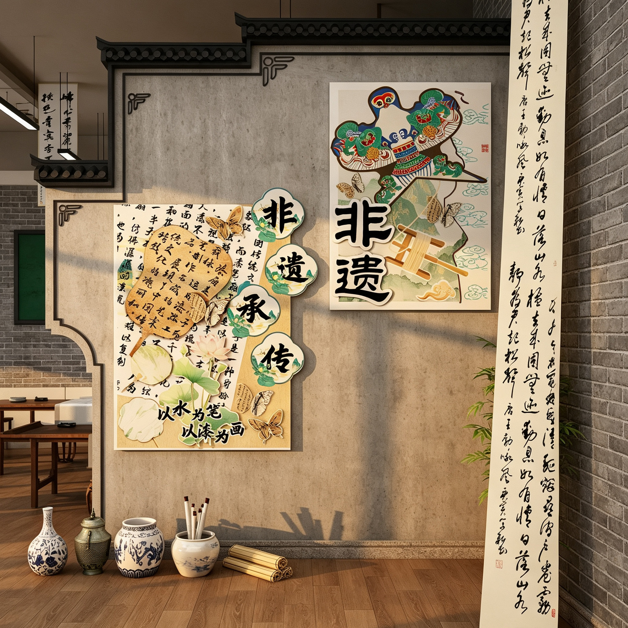 中国非遗传统文化漆扇纸鸢幼儿园墙面装饰环创主题成品布置场景展
