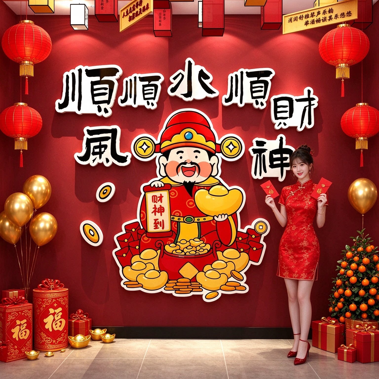 2026新年财神五福临门贴画墙贴
