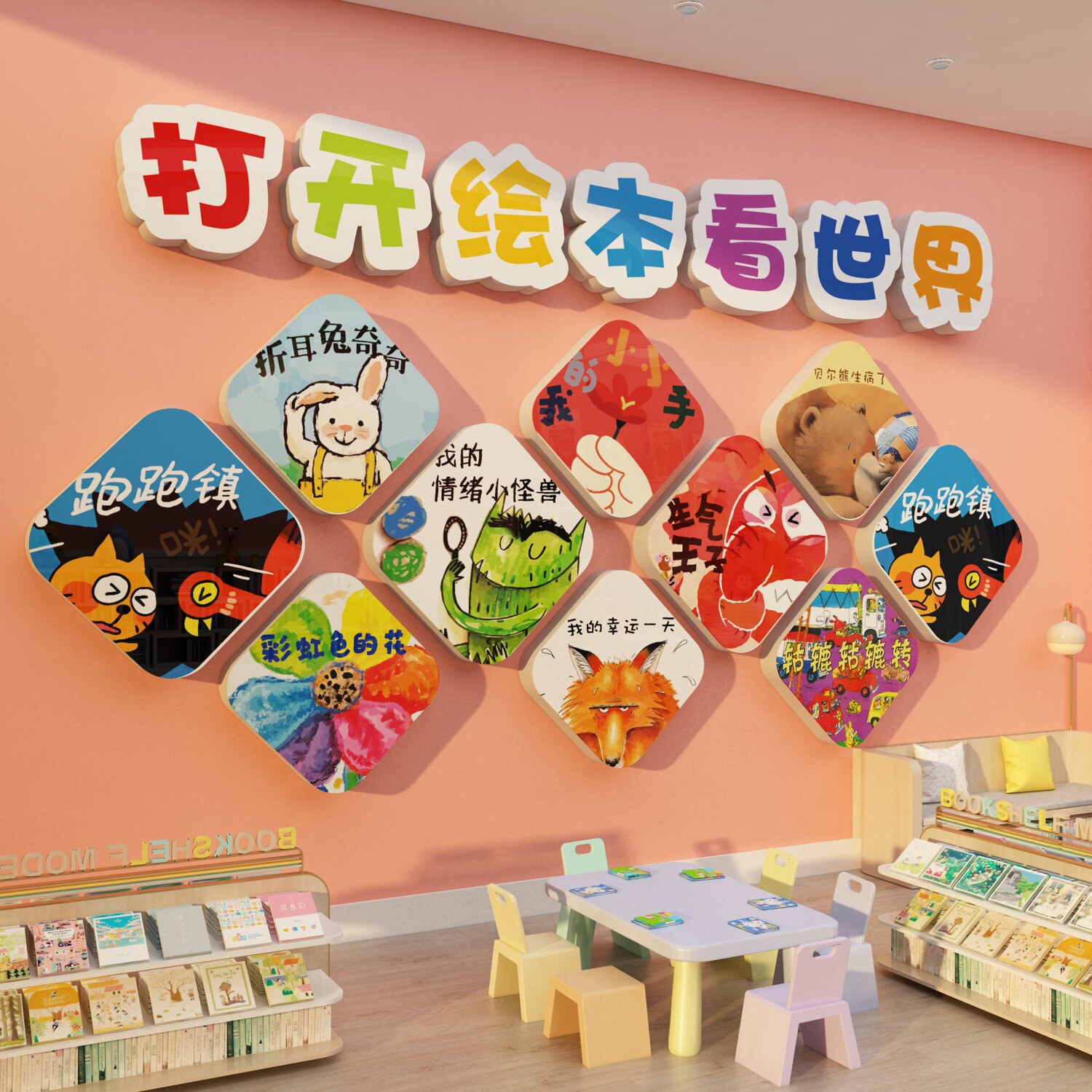 幼儿童园阅读区布置装饰图书吧角览室文化绘本馆墙面走廊环创主题