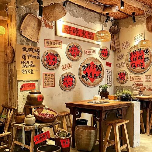 破市井风格复古怀旧画火锅饭店墙壁面装饰创意烧烤串餐饮网红文化