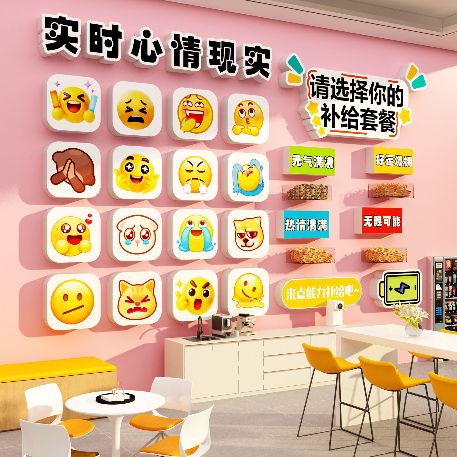能量补给站糖果文化办公室茶水间布置墙面装饰企业背景公司心表情