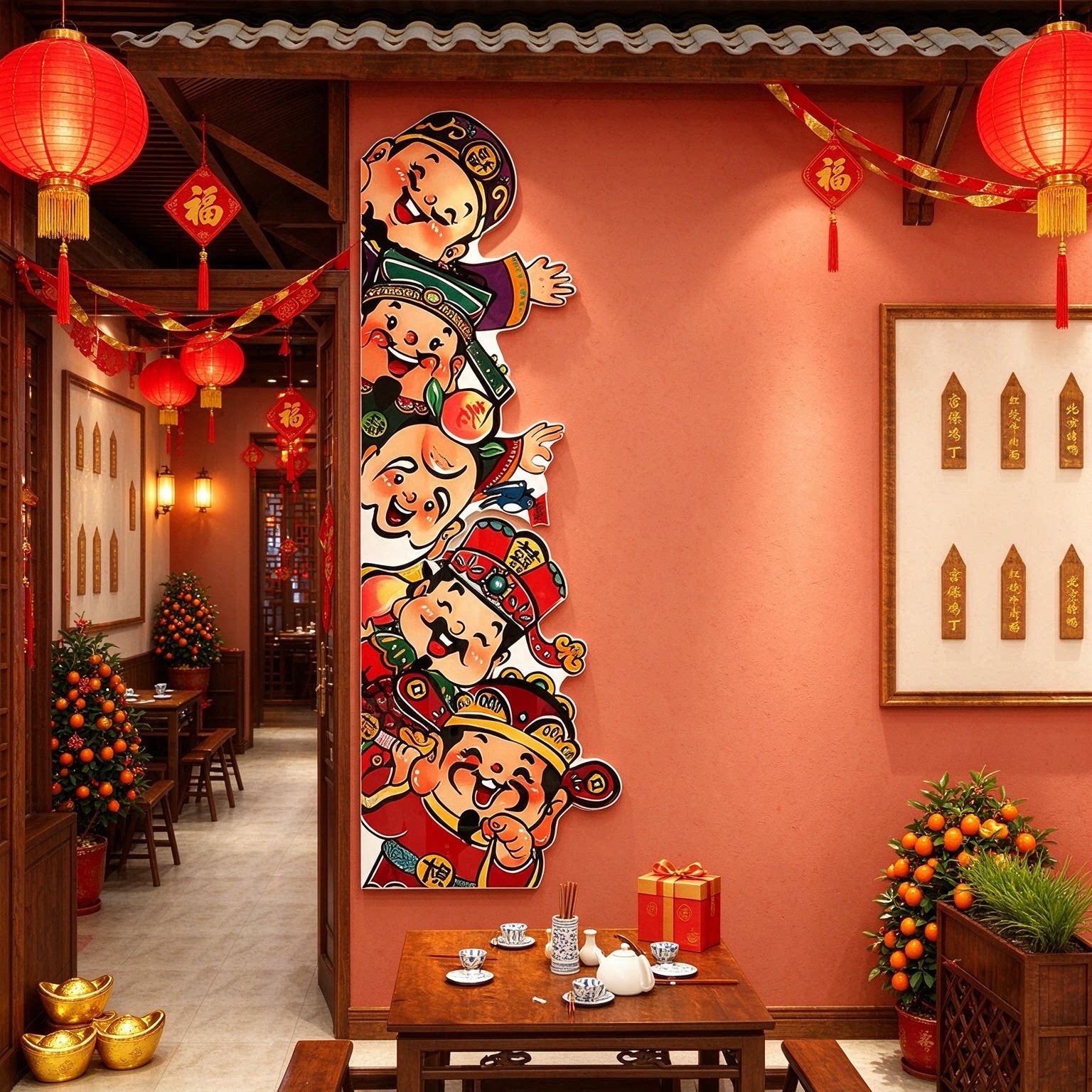 饭店餐饮马年五福临门财神墙贴