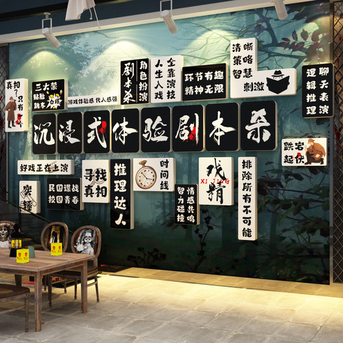 网红剧本杀店墙面装饰狼人杀房间密室逃脱手游室布置海报背景贴纸