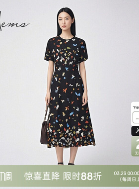 海尔曼斯春夏彩蝶舞高弹收腰圆领短袖桑蚕丝长款连衣裙D1601C64