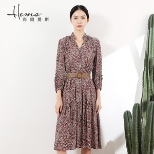 【门店同款】海尔曼斯春夏法式v领收腰衬衫裙碎花显瘦女连衣裙