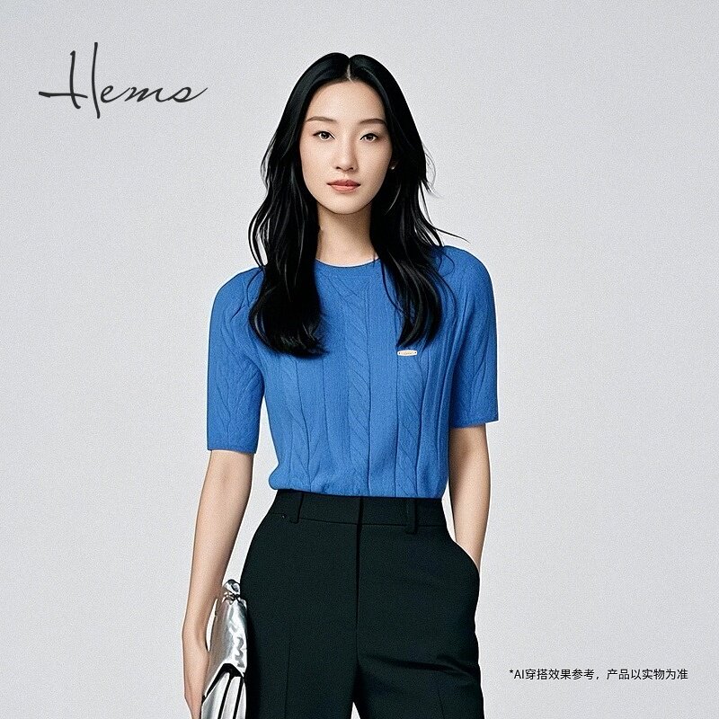 海尔曼斯新品100%山羊绒老钱风复古麻花圆领短袖TH3916D71