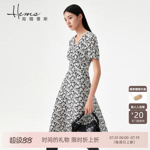 海尔曼斯夏季新款短袖连衣裙V领印花a字裙优雅简约茶歇裙女裙