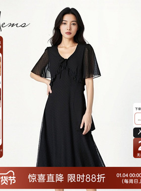 海尔曼斯夏日必备衣橱百搭单品波点小黑裙V领气质连衣裙D1615C64