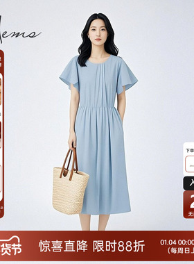 海尔曼斯春夏简约纯色圆领收腰A字版长款休闲松弛连衣裙D1604C64