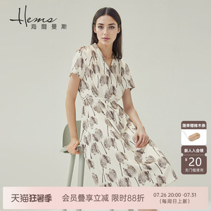 海尔曼斯桑蚕丝气质v领连衣裙时尚印花系带长裙真丝廓形A字裙女裙