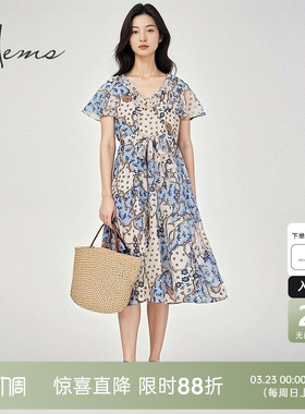 海尔曼斯夏季小众设计师款轻奢印花灵动飘逸短袖连衣裙D1603C64